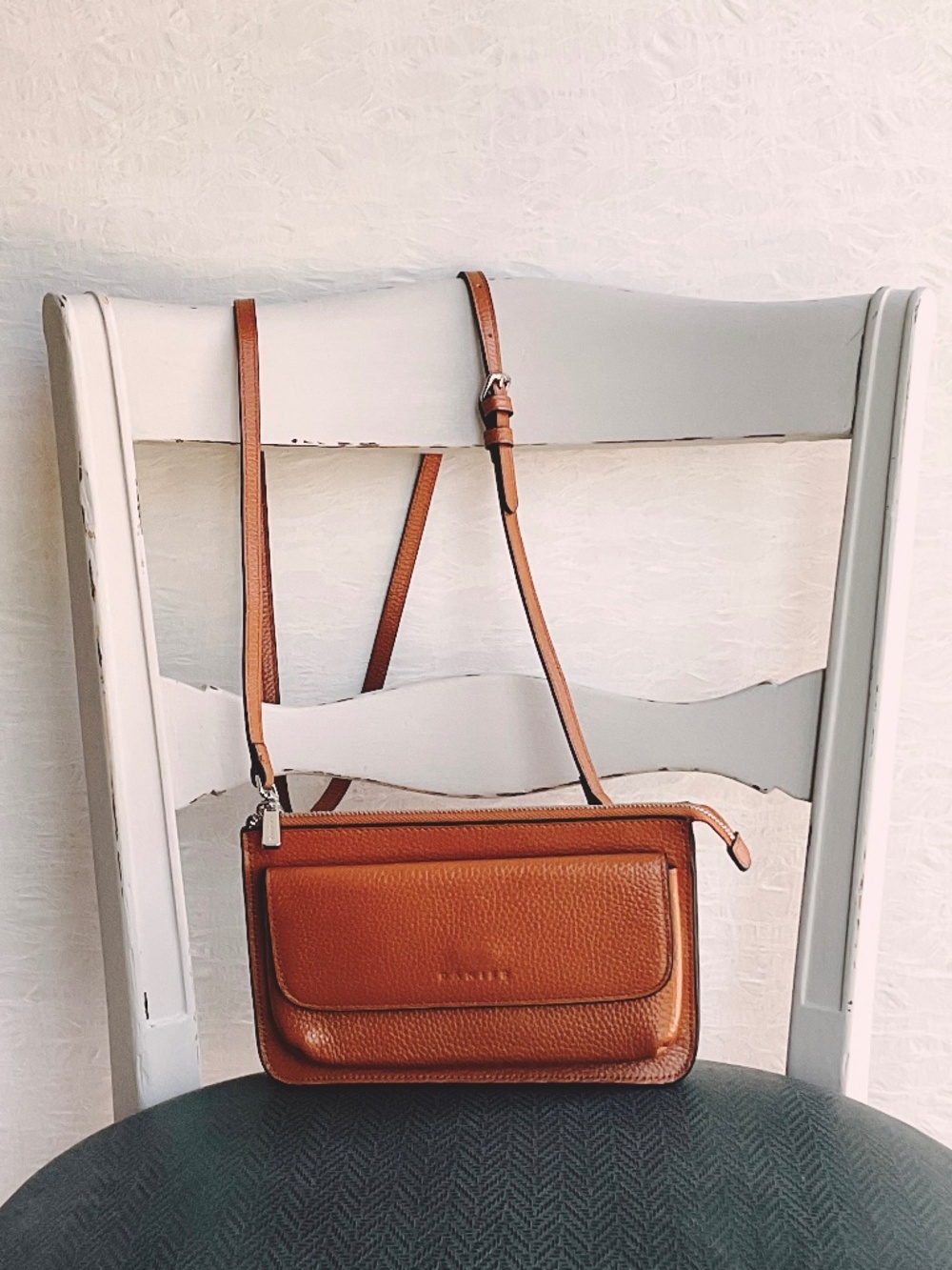 Danier Emmelie Crossbody Phone Wallet Pebble Leather in Colour Camel Small Purse